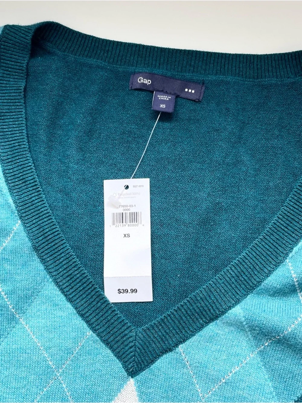 NWT 2000s GAP Argyle V-Neck Sweater Sz XS Teal Green Cotton Y2K Academia Preppy